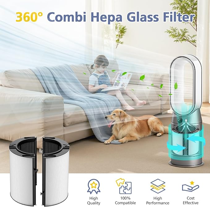 360° Combi Glass H13 Hepa + Activated Carbon Filter Compatible with Dyson TP07 TP10 TP06 HP06 TP04 HP04 PH02 PH01 PH03 PH04 HP09 TP09 HP07 HP10 Air Purifier, 2-in-1 Replacement Filters, 2 Pack