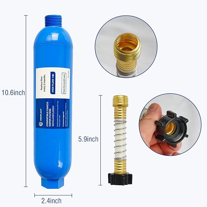 Hourleey 2 Pack RV Inline Water Filter with 2 Flexible Hose Protector, Reduce Bad Taste, Odors, Rust, Fluoride, Chlorine and Sediment in Drinking Water, Dedicated for RVs Campers Marines
