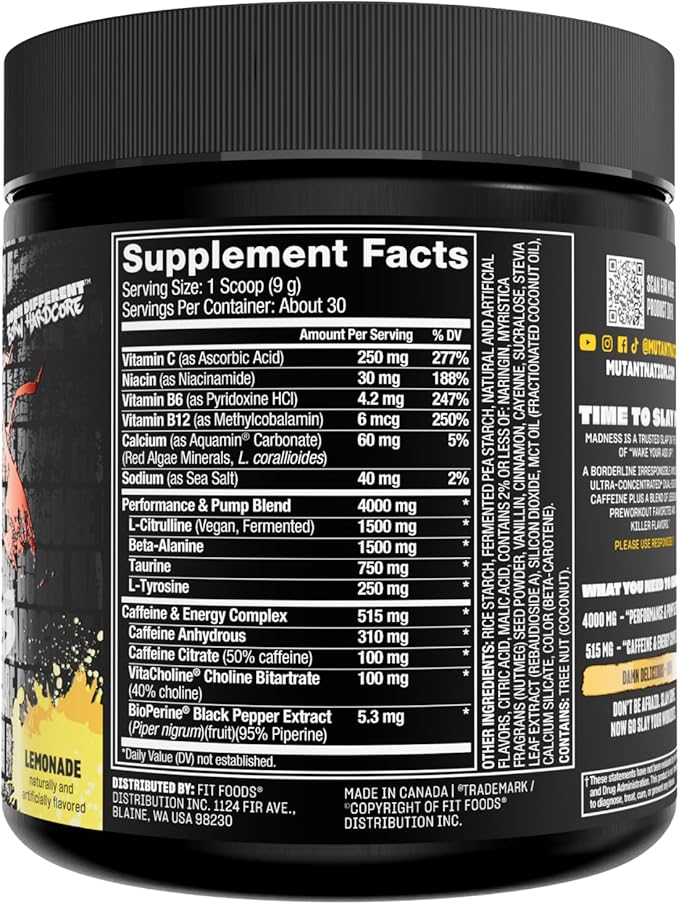 Mutant Madness | Pre Workout Powder Performance and Pump Blend Includes L-Citrulline, Beta-Alanine, Taurine, L-Tyrosine (Lemonade)
