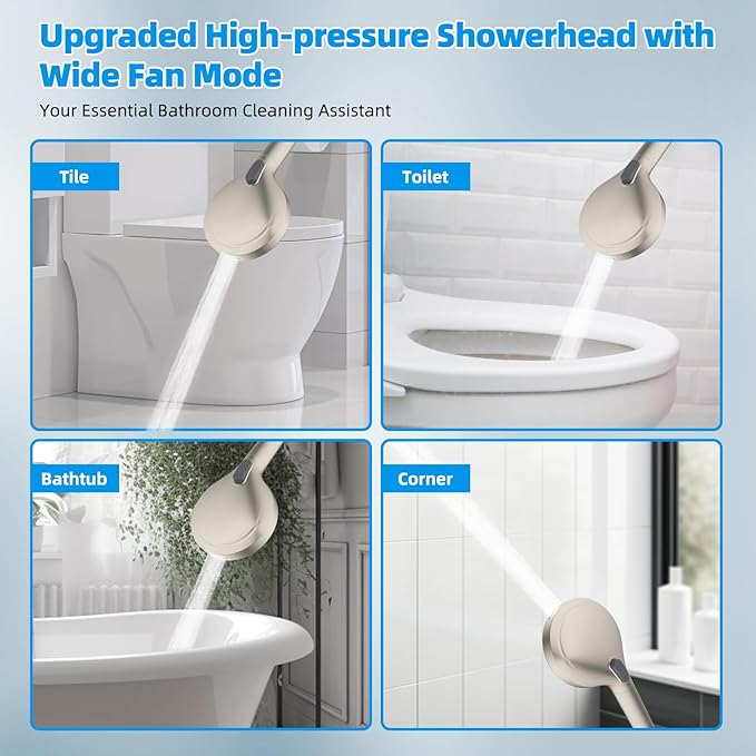 Hibbent 12'' All Metal Shower Head, High Pressure Rainfall Shower Head/Handheld Showerhead Combo/ 12'' Adjustable Curved Shower Extension Arm, 10-Spray, 71'' Adhesive Showerhead Holder, Brushed Nickel