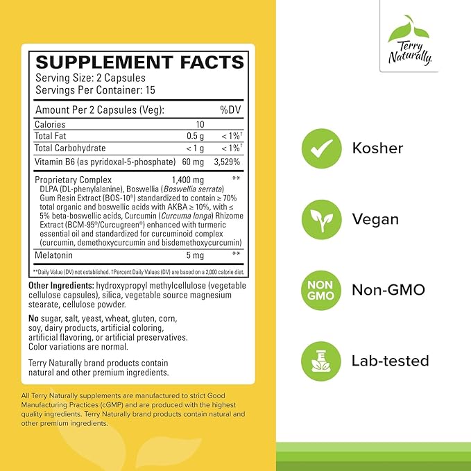 Terry Naturally Curamin Nighttime - Curcumin & DLPA Capsule - Non-GMO Supplement to Support Healthy Sleep & Relaxation - Herbal Supplement with Melatonin - 30 Capsules