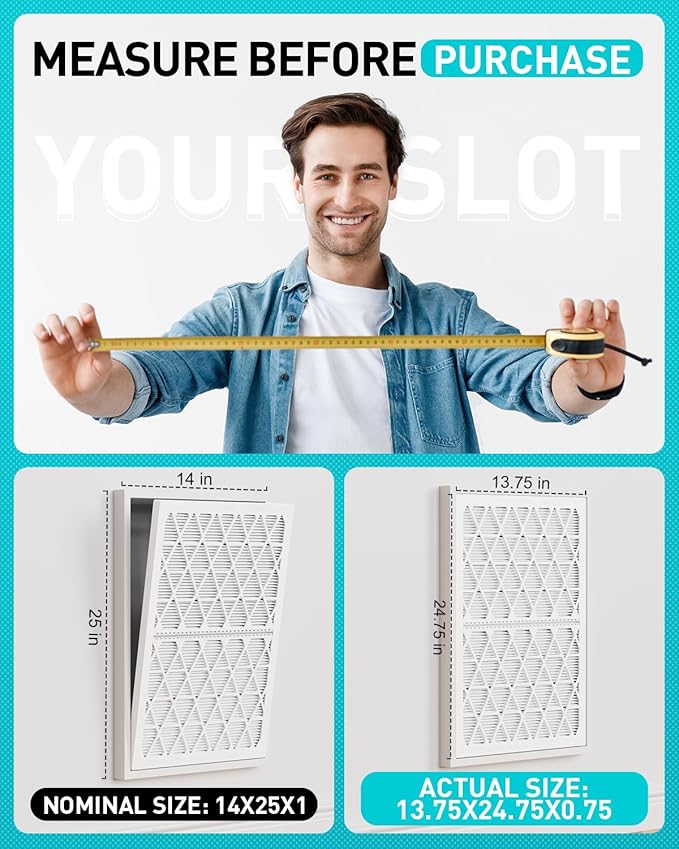 14x25x1 Refillable Air Filter Kit, MERV 8, 1 Reusable Foldable Frame ＆ 6 Refills, Fits Most AC HVAC Furnace Devices, Actual Size 13.75x24.75x0.75in