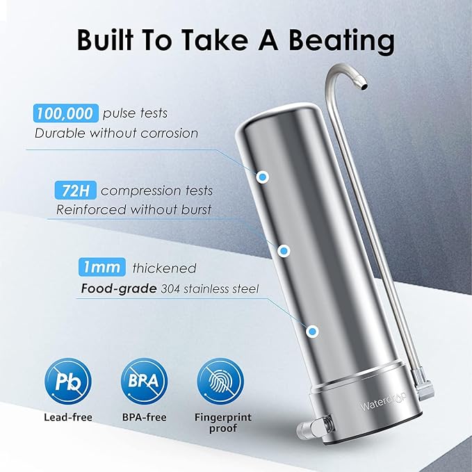 Waterdrop Water Filter for Sink Faucet, NSF/ANSI 42 Certified Countertop Water Filter System, 5-Stage Stainless Steel Faucet, 16000 Gallons, Reduces Heavy Metals and 99% Chlorine, WD-CTF-01(2 Filter)