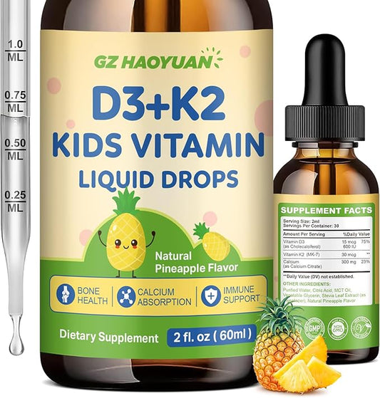 Kids Vitamin D3 K2 Drops, Vitamin D3 K2 (MK-7) Supplement with Calcium for Kids & Adults - Support Strong Bones, Teeth & Immune, Sugar Free Pineapple Flavor 2 FL OZ