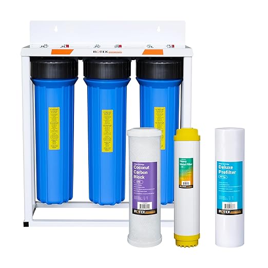 Rotek Water Systems Whole House Water Filtration System, 3-Stage Water Filter System, SED, KDF, ACB, Clean Water, Sediment, Carbon Block, & Heavy Metal Filter, 20 Inch