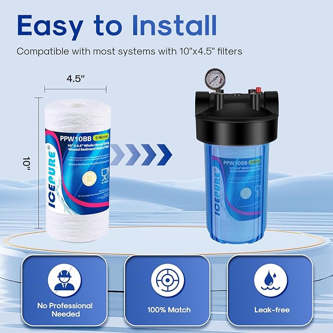 ICEPURE 5 Micron 10”*4.5'' Whole House Sediment String Wound Water Filter Replacement filter for 84637, WPX5BB97P, PC10, 355214-45, 355215-45, WP10BB97P, WP5BB97P, 2PACK