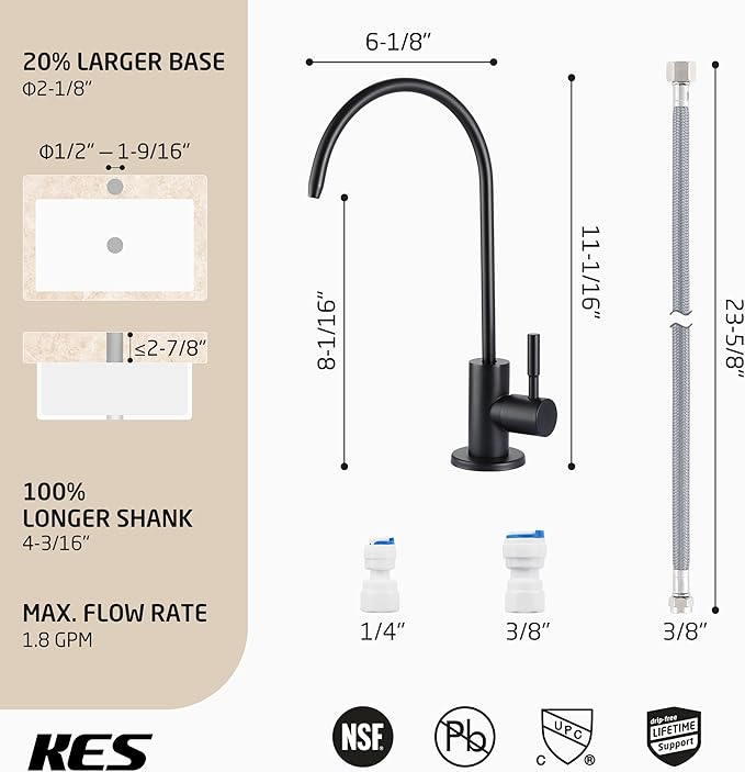 KES NSF Certified Reverse Osmosis Faucet Black RO Lead-Free Water Filter Faucet Drinking Water Faucets Kitchen Faucet 304 Stainless Steel, Z504CLFF18-BK