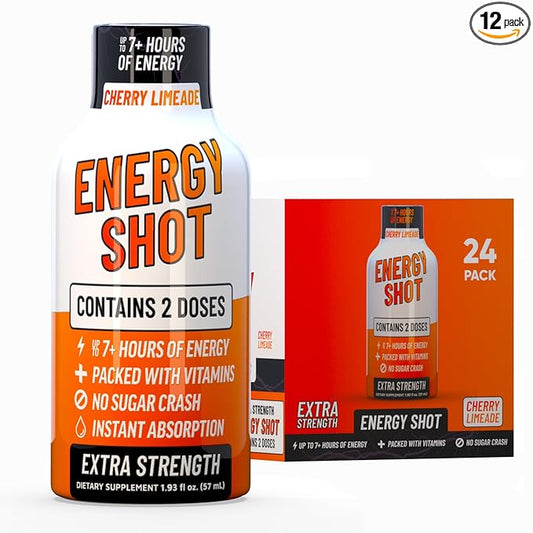 Energy Shot – 2 Servings – 100% DV B-Vitamins & 130mg Plant-Based Caffeine – Zero Calories, Sugar-Free, Vegan, Non-GMO – Energy & Productivity Support (1.93 Fl Oz (Pack of 24), Cherry Limeade)