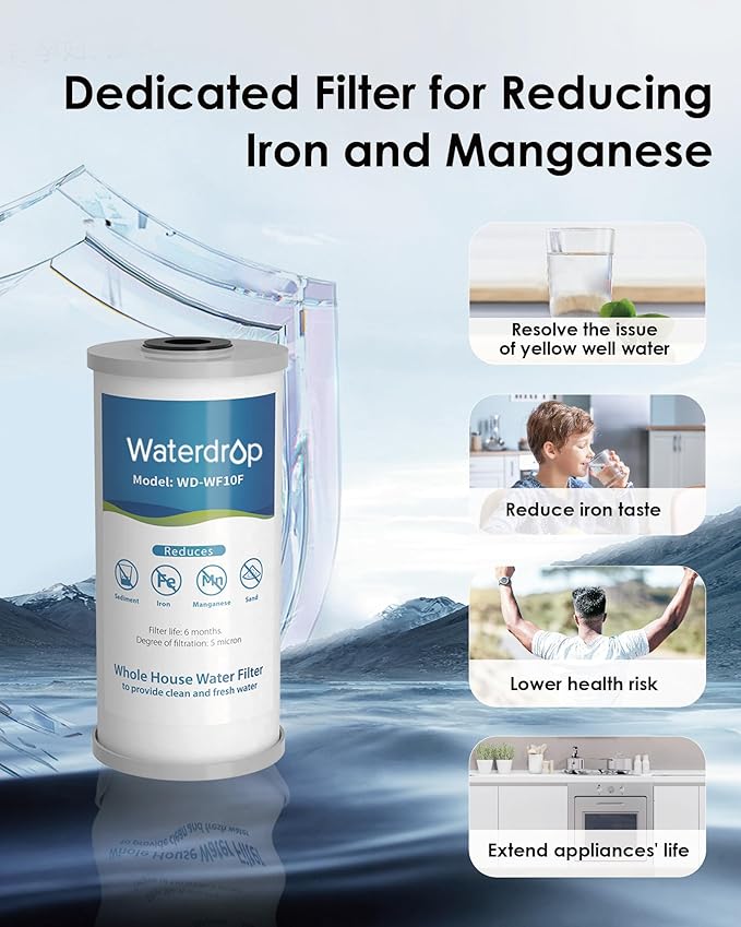 Waterdrop Whole House Water Filter System, Reduce Iron & Manganese, with Carbon and Sediment Filters, 5-Stage Filtration, Reduce Iron, Lead, Chlorine, Odor, 2-Stage WD-WHF21-FG, 1" Inlet/Outlet
