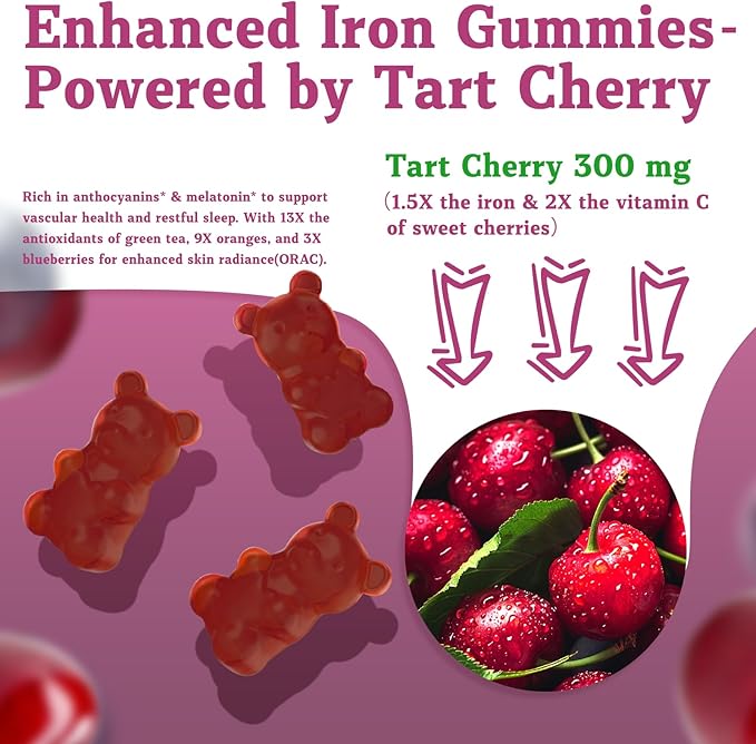 （2 Pack） OALSE Tart Cherry Iron Supplement for Women & Men, Iron Gummies with Calcium, Zinc, Folate & Vitamin C & B12 for Immune Support, (120 Count) - Sugar Free,Vegan