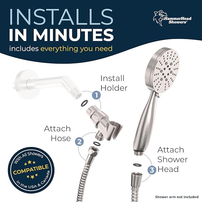 HammerHead Showers® Solid Metal 3-Spray Handheld Shower Head with Long Hose and Holder - BRUSHED NICKEL - 2.5 GPM High Pressure Shower Head with Handheld Sprayer - WIDE, MASSAGE, and MIST Sprays