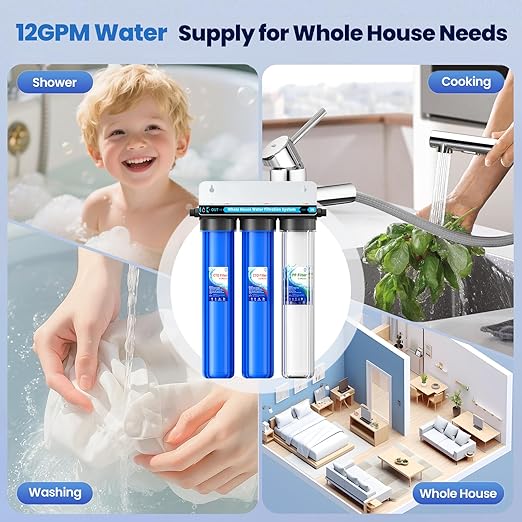 Whole House Water Filter System, 3-Stage Whole House Water Filtration System, 3/4 "Inlet/Outlet,Reduces Up to 99% of Chlorine, Sediment, Taste and Odor, with a Transparent Shell for The First Stage