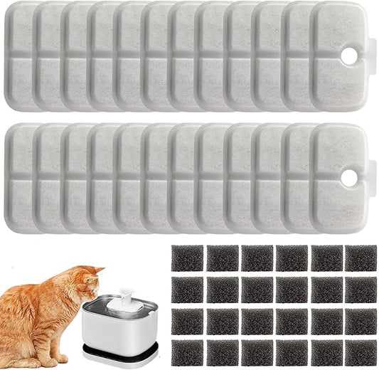 24 Pack Cat Water Fountain Replacement Filter for Petlibro Dockstream Cat Water Fountain PLWF005/PLWF115/PLWF105, Pet Fountain Replacement Filters with Pre-Filter Pump Sponges(24+24)