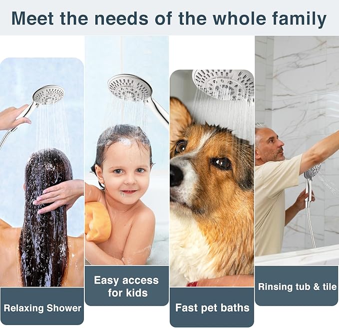 BRIGHT SHOWERS 9 Spray Settings Shower Head with Handheld High Pressure Brushed Nickel Hand Held Showerhead with 60 Inch Stainless Steel Hose and Adjustable Overhead Bracket