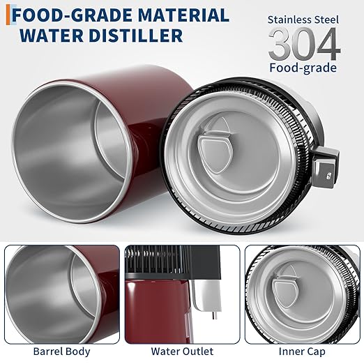 GarveeHome Water Distillers for Home Countertop, 1Gal/4L Stainless Steel Distilled Water Machine with Glass Container, 750W Desktop Drinking Purifier Filter Distilling Kit, Red