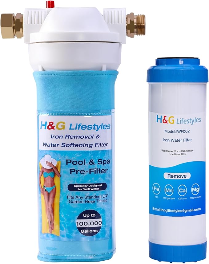 H&G lifestyles Hose Filter for Filling Pool,Iron Filter for Garden Hose,Remove Iron Manganese Calcium for Well Water, Water Softener Fits Standard 3/4" GHT Thread, Up to 75,000 Gallons