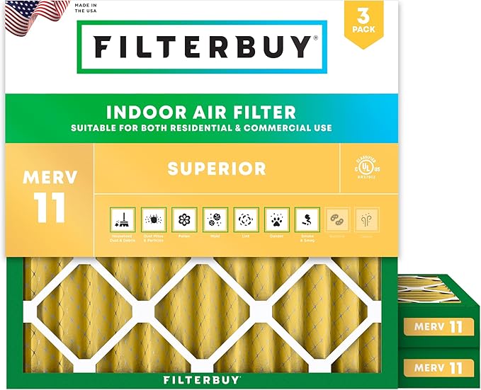 Filterbuy 24x24x2 Air Filter MERV 11 (MPR 1200) Allergen Defense Replacement (3-Pack), Electrostatic Pleated HVAC AC Furnace Filters, Made in USA (Actual Size: 23.38 x 23.38 x 1.75)