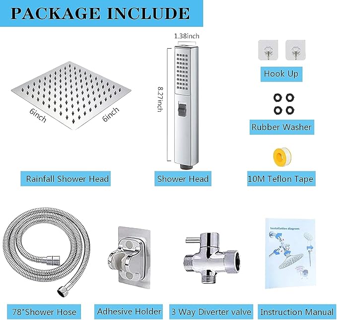 Dual Shower Heads with Handheld Spray Combo, 6" High Pressure Square Rain Shower Head with Hose 78" Stainless Steel & 3-Way Diverter, Anti-Clog Nozzles, Ultra Thin Water Saving, Chrome, AWAXFOLO