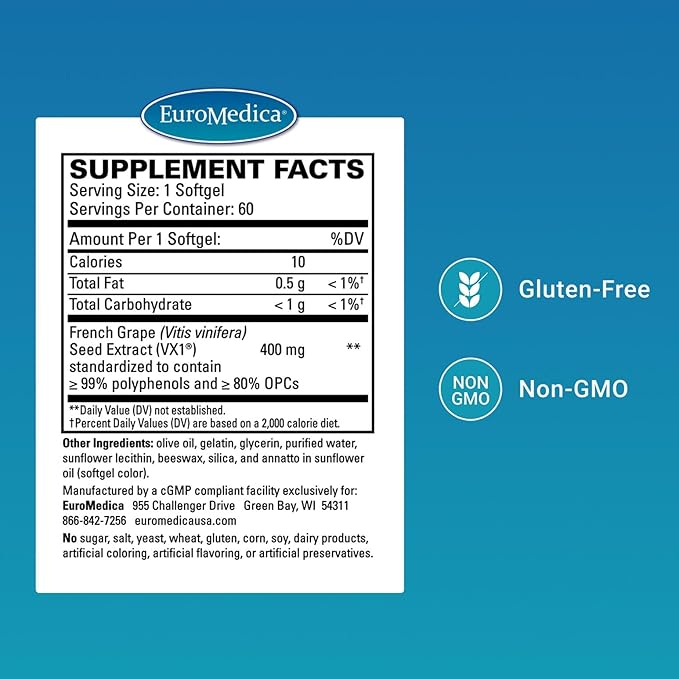 EuroMedica Clinical OPC - Cardiovascular Health & Focus Support Supplement - Dietary Supplement with Grape Seed Extract & Sunflower Lecithin - Immune Support Supplement Formula - 60 Softgels