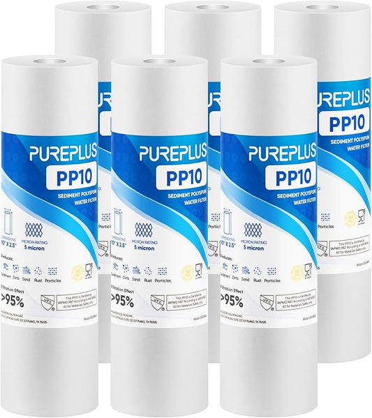 PUREPLUS 5 Micron 10" x 2.5" Whole House Sediment Home Water Filter Cartridge Replacement for Any 10 inch RO Unit, Culligan P5, Aqua-Pure AP110, Dupont WFPFC5002, CFS10, WHKF-G05, 6Pack