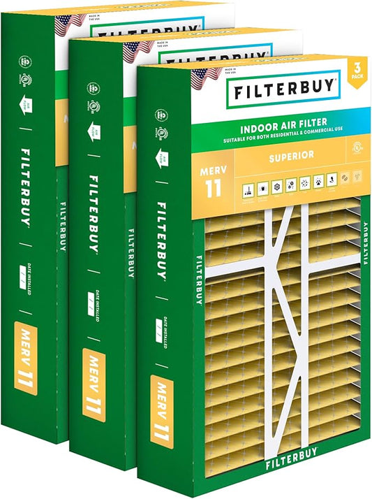 Filterbuy 16x25x5 Air Filter MERV 11 (MPR 1200) Allergen Defense (3-Pack), Pleated HVAC AC Furnace Filters for Amana, Coleman, Goodman, Maytag, York, and More (Actual Size: 15.38 x 25.50 x 5.25)