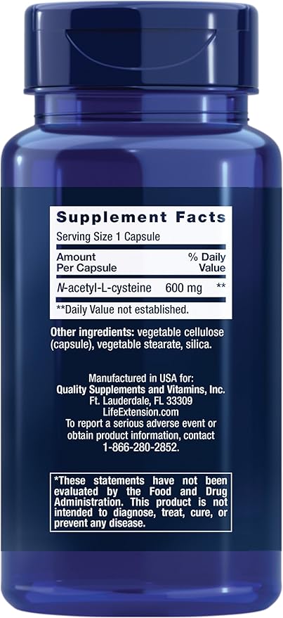 Life Extension N-Acetyl-L-Cysteine (NAC), Immune Response, Respiratory Health, Liver Health, NAC 600 mg, antioxidant Defense, Free radicals, Easy to Absorb, 60 Capsules