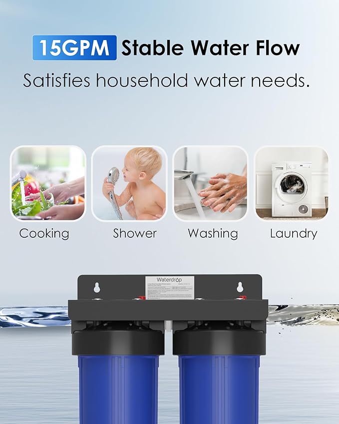 Waterdrop Whole House Water Filter System, with Carbon Filter and Sediment Filter, 5-Stage Filtration, Highly Reduce Lead, Chlorine, Odor and Taste, 2-Stage 5 Micron WD-WHF21-PG, 1" Inlet/Outlet