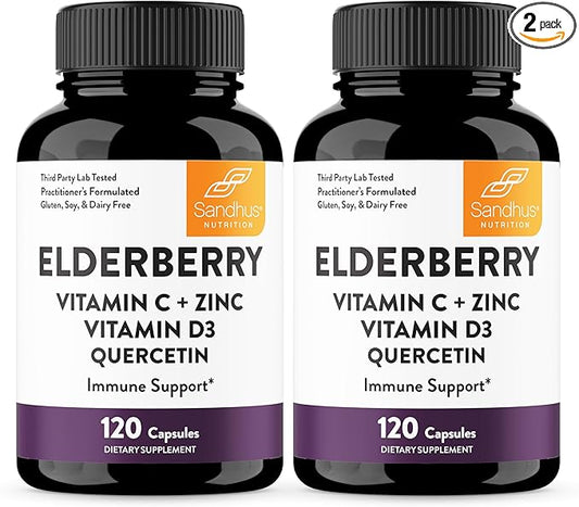 Sandhu's Elderberry Vitamin C Vitamin D3 with Zinc & Quercetin | Capsules for Men & Women | Supports Immune Health | 120 Count (Pack of 2)