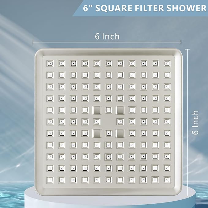 High Pressure Rain Shower Head with Filtered - 6" Square Showerhead Filter for Remove Chlorine and Harmful Substances, Improve Hair and Skin Problems, Brushed Nickel
