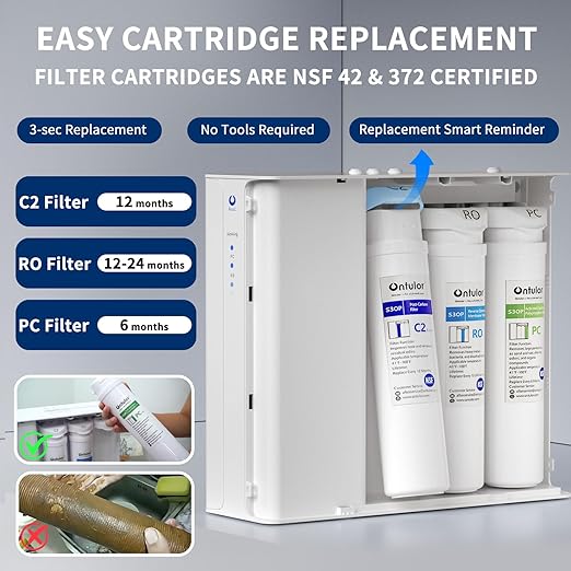 Ontulor S3OP Reverse Osmosis System 9 Stage Water Filter - Under Sink RO Water Filtration System NSF/ANSI 42 & 372 Certified 75 GPD Smart LED Reminder TDS Meter Included