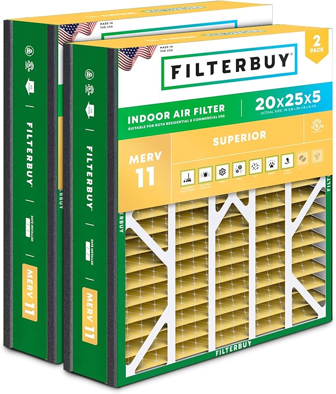 Filterbuy 20x25x5 Air Filter MERV 11 (MPR 1200) Allergen Defense (2-Pack), Pleated HVAC AC Furnace Filters for Trion Air Bear, Generalaire, Skuttle, and More (Actual Size: 19.63 x 24.13 x 4.88)