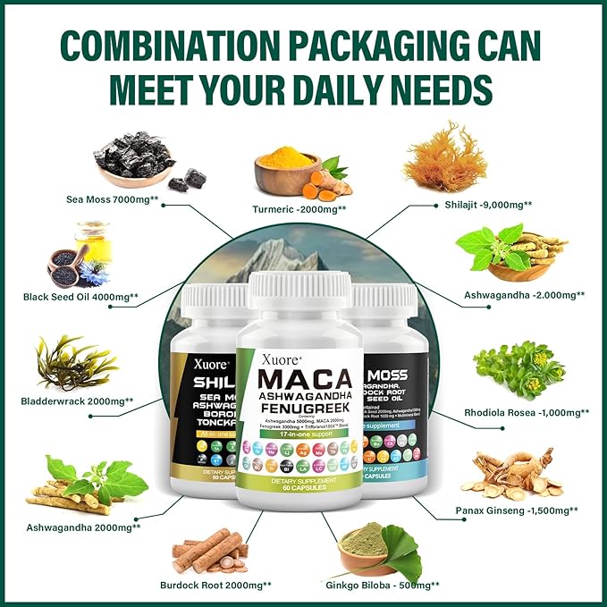 Sea Moss, Black Seed Oil, Ashwagandha, Ginger, Shilajit, Rhodiola Rosea, Panax Ginseng, Maca Root, Fenugreek, Trifibranol100X,All in 1 Supplements (1 Pack)
