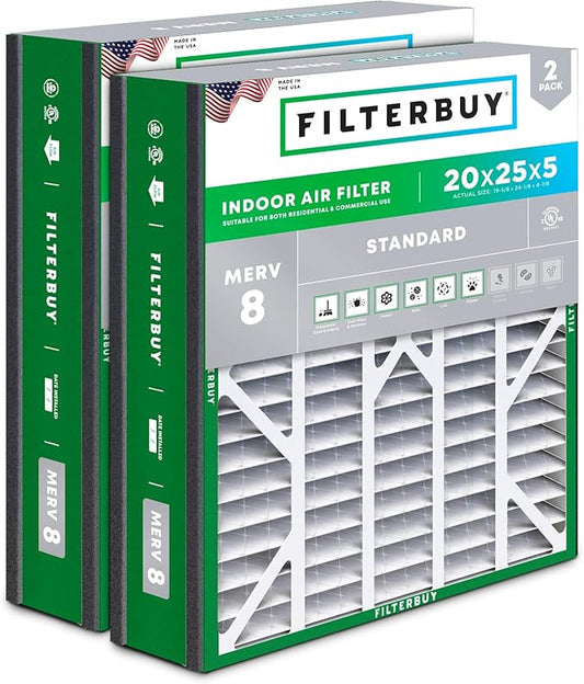 Filterbuy 20x25x5 Air Filter MERV 8 (MPR 700) Dust Defense (2-Pack), Pleated HVAC AC Furnace Filters for Trion Air Bear, Generalaire, Skuttle, and More (Actual Size: 19.63 x 24.13 x 4.88)
