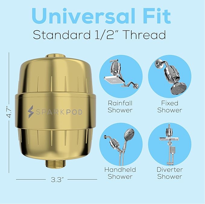 SparkPod 23 Stage Shower Head Filter for Dry Hair and Skin - High Output Universal Shower Filters to Remove Toxic Chemicals, Chlorine & Heavy Metals (Egyptian Gold)