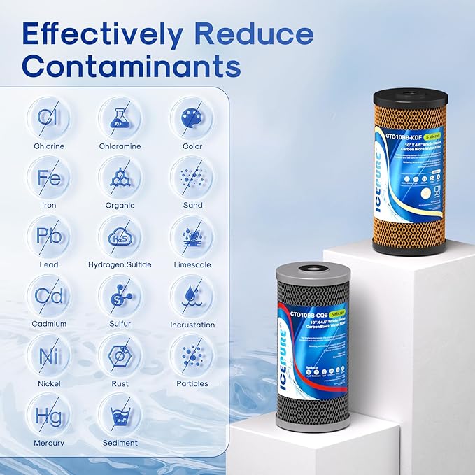 ICEPURE 2-Stage 10" x 4.5" Whole House Water Filter Set, 5 Micron KDF and Upgraded Coconut Shell Activated Carbon Lead Removal Filter Cartridges Replacement for 10 Inch Water Filter System, Pack of 1