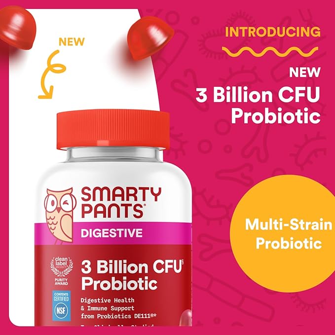 SmartyPants Adult Probiotic Gummies for Digestive Health: 3 Billion CFU, Gut Health and Immune Support Supplement, Clinically Studied Probiotic, Gluten Free, Strawberry, 30 Count (30 Day Supply)