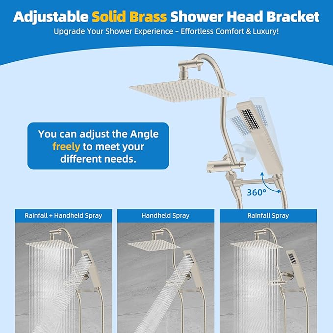 Hibbent All Metal Shower Head, 10'' High Pressure Rainfall Shower Head, Showerhead Combo, Handheld Shower Wand, 12'' Adjustable Curved Extension Arm, 71'' Hose, Shower Head Holder, Brushed Nickel