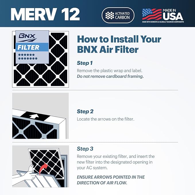 BNX TruFilter 20x20x1 MERV 12 Odor Defense (4-Pack) AC Furnace Air Filter with Activated Carbon - MADE IN USA - Pleated Air Conditioner HVAC AC Furnace Filters - Removes Odor, Mold, Bacteria, Smoke