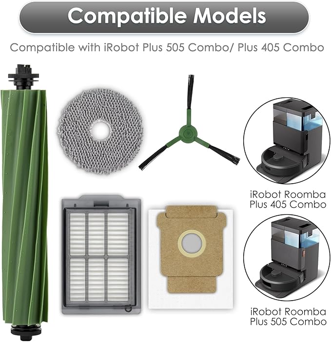 (14 Pack) Plus 505 Combo Replacement Parts for iRobot Roomba Plus 505 Combo, Plus 405 Combo, Plus 405, Plus 505 Robot Vacuum, 1 Roller Brush, 3 Dust Bags, 3 Mop Pads, 4 Side Brushes, 3 HEPA Filters