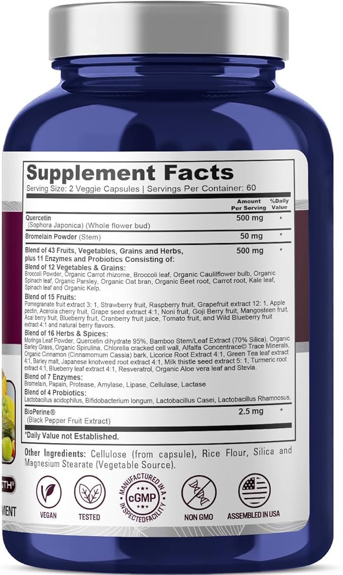 NusaPure Quercetin with Bromelain 500mg |120 Veggie Caps | 43 Fruit Veggie Grain Herbs Enzyme Probiotic Blend | Non-GMO, Vegan, Bioperine