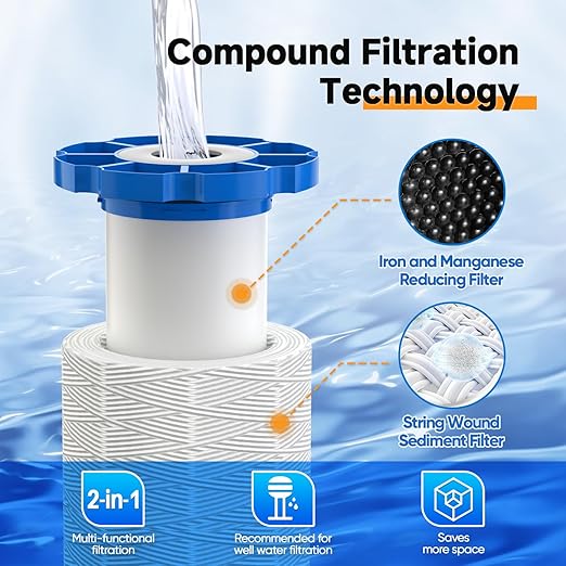 PUREPLUS 1-Stage Whole House Water Filter, with Iron Manganese Reducing Water Filter, 10"x4.5" Cartridge Universal Housing, Pre-Filtration System for Well Water, 1" NPT Port, Pressure Release