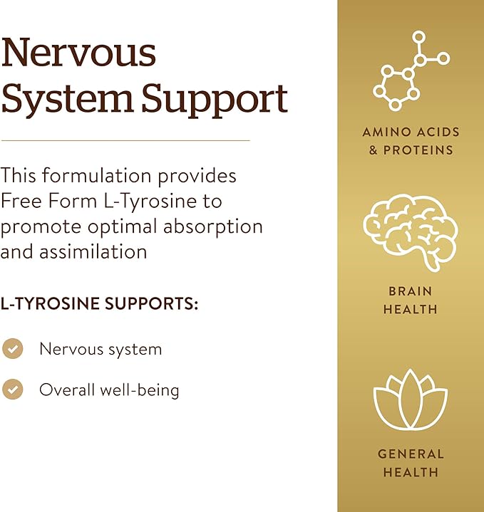 Solgar L-Tyrosine 500 mg, 100 Vegetable Capsules - Brain & Nervous System Support - Vegan, Gluten Free, Dairy Free, Kosher - 100 Servings ,Standard Packaging