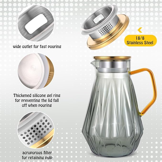 Glass Pitcher with Lid and Spout, Gray Clear Hot & Cold Water Jug with Handle and Lid for Iced Juice, Coffee, Milk, Coffee, Sun Lemonade,Water, Hot Tea (68 oz)