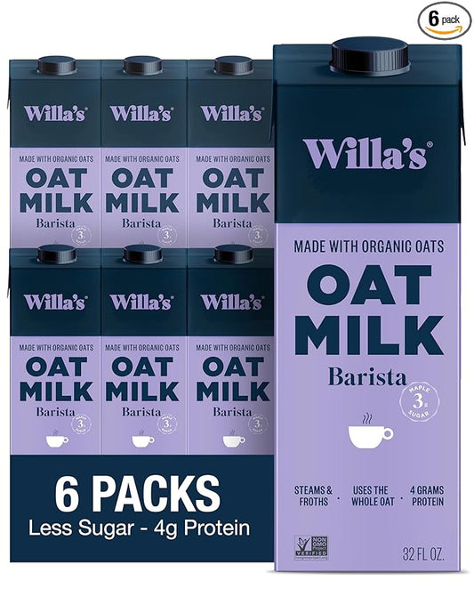 Willa's Organic Barista Oat Milk - Barista Blend Unsweetened Oatmilk and Creamer, Non-GMO, Shelf Stable, Low Sugar, Non-Dairy Milk, Made from Whole Grain Oats, For Foams and Froth, 32oz, Pack of 6