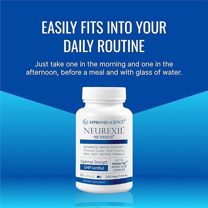 Approved Science Neurexil - Natural Nootropic Support with DMAE - Enhance Brain Function, Sharpen Clarity, Boost Memory - L-Tyrosine, Ginkgo Biloba, Huperzine A, BioPerine - 60 Capsules