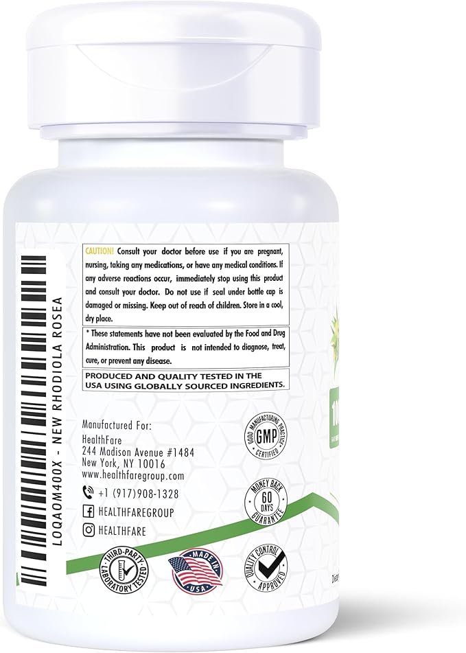 Rhodiola Rosea Capsules 1000mg Equivalent | 90 Vegan Capsules | Premium Adaptogen Herbal Supplement | Naturally Sourced | Made in The USA
