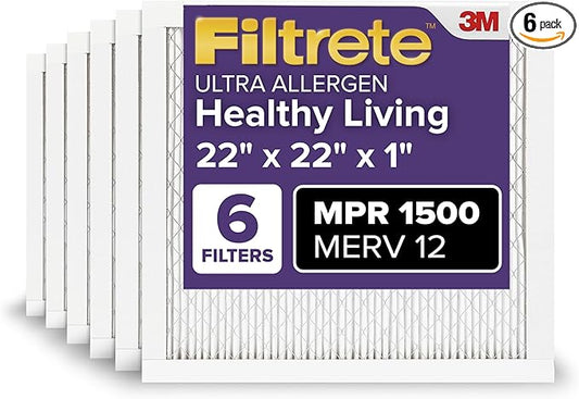 Filtrete 22x22x1 AC Furnace Air Filter, MERV 12, MPR 1500, CERTIFIED asthma & allergy friendly, 3 Month Pleated 1-Inch Electrostatic Air Cleaning Filter, 6-Pack (Actual Size 21.69x21.69x0.78 in)