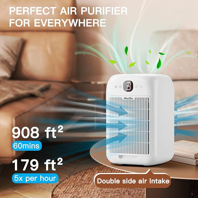Air Purifiers for Home Bedroom Up to 908 Sq Ft Each One by 10W Brushless DC Motor, Dual Air Intakes, 3-in-1 HEPA Filter with Sleep Mode, Aromatherapy, for Smoke, Pet Dander, Pollutants Odor, 2 PACK