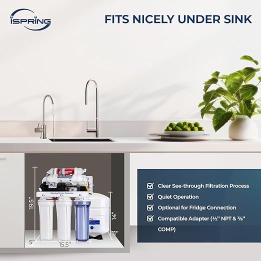 iSpring RCC7P-AK, 6-Stage Reverse Osmosis System Under Sink Alkaline Water Filter and Pump, RO Drinking Water Filtration System, Patented Top-Mounted Faucet Design for Easy Installation