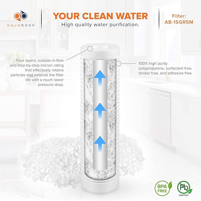 Aquaboon 5 Micron 10 x 2.5 Grooved Sediment Water Filter Replacement for Whole House Filter Cartridge Compatible with AP110, WHKF-GD05, CFS110, 50-Pack